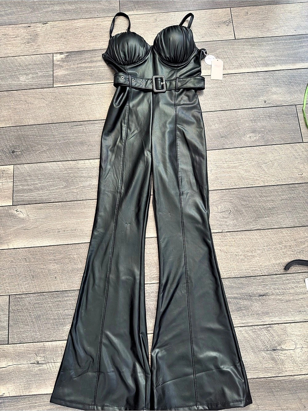 Black Faux Leather Bustier Flare Jumpsuit NWT
